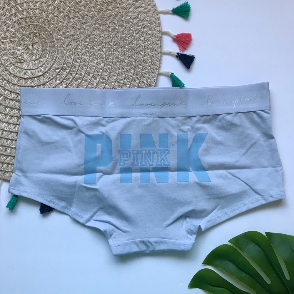Victoria’s Secret PINK Logo Boyshort Panty Hydrangea Blue w Graphic Medium NEW